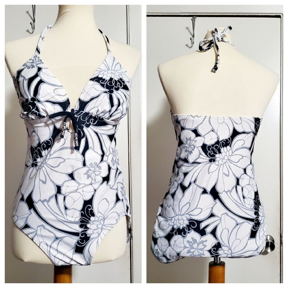 Merona White/Black/Gray Floral Print One Piece Swimsuit Size Large